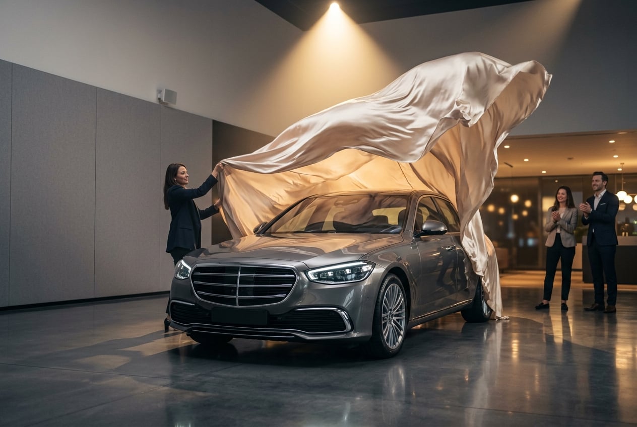 Enthüllung eines Fahrzeugs unter einem eleganten Tuch im Showroom
