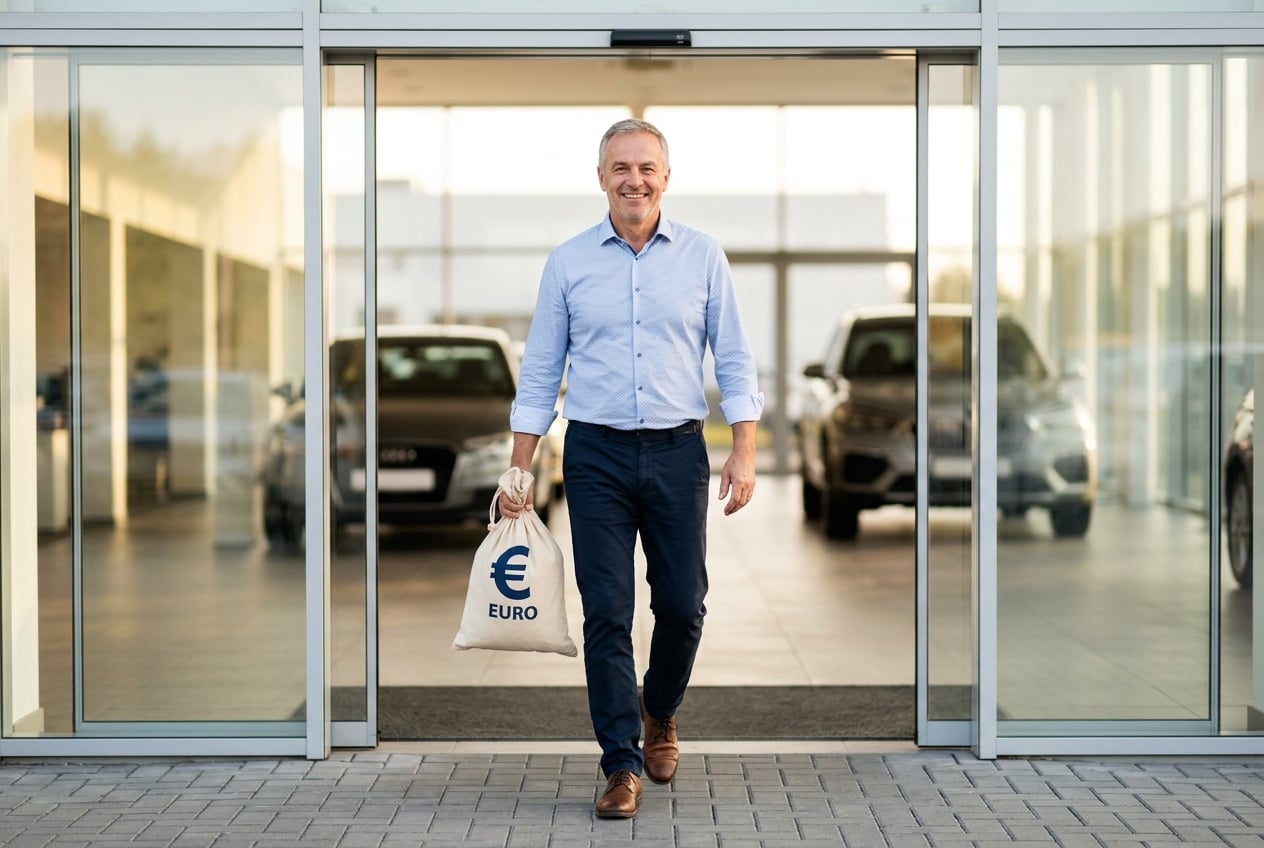 Zufriedener Kunde verlässt das Autohaus nach erfolgreichem Verkauf mit einem Geldsack